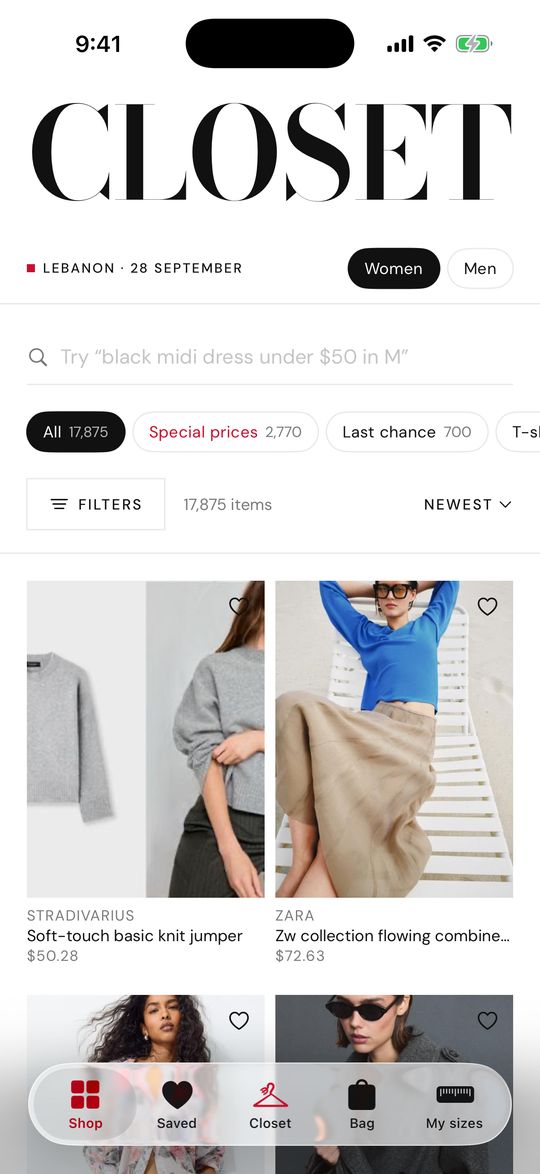 The Shop tab: the CLOSET masthead over the catalog