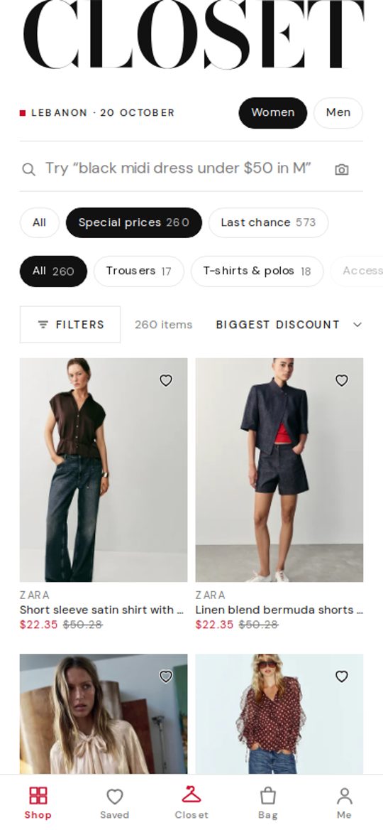 closet.ai in a phone browser: the CLOSET masthead over the Shop